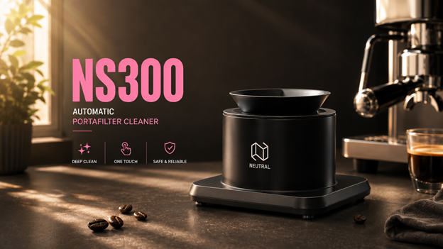 Barista placing a 58mm portafilter into the NS300 automatic portafilter cleaner