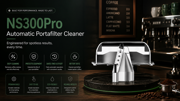 NS300Pro Flat-Bottom Angled-Wall Rubber Insert cleaning an IMS precision espresso portafilter basket to remove coffee oil residue.