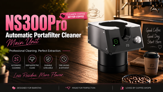 NS300Pro automatic portafilter cleaner mounted on a commercial espresso counter