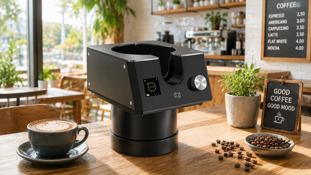 A barista using the NS300Pro Automatic Portafilter Cleaner on a busy commercial espresso bar to clean a portafilter basket in under three seconds.