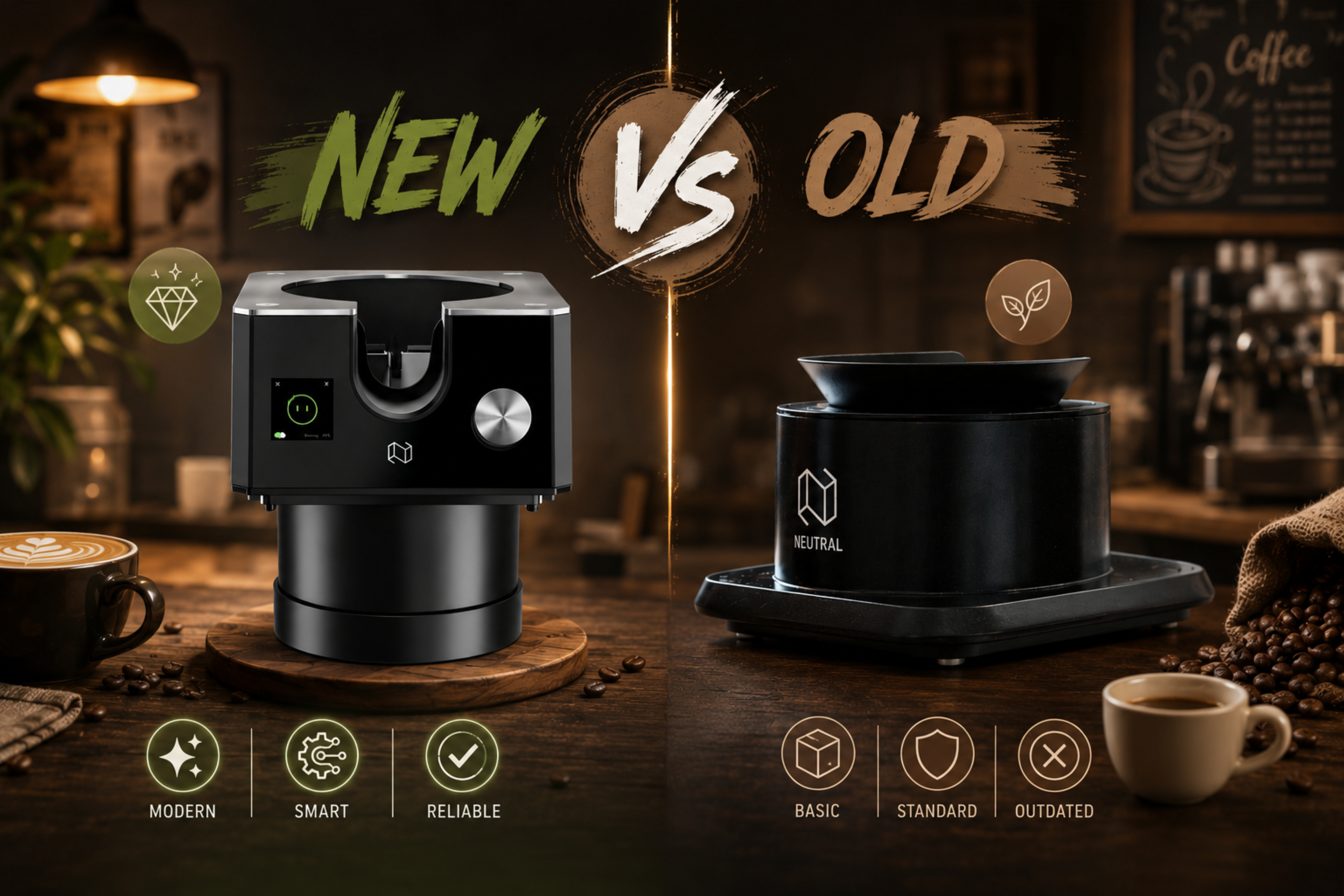The first-generation NS300 and the upgraded NS300Pro automatic portafilter cleaners side-by-side on a coffee bar.