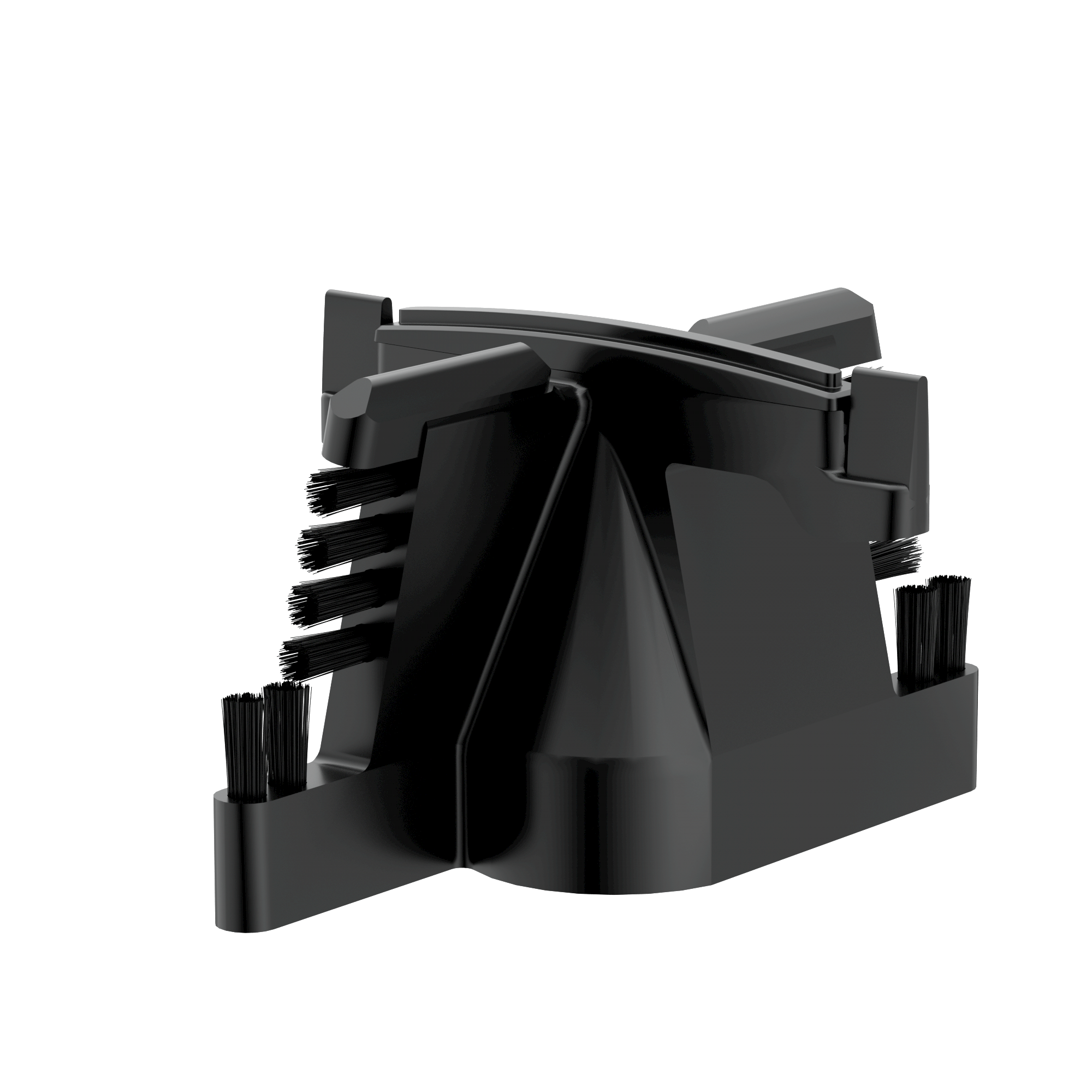 Black hairbrush holder with multiple brush heads on a white background