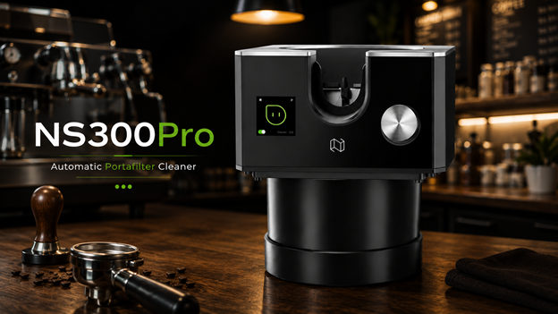 NS300Pro automatic portafilter cleaner for cafés and professional coffee businesses