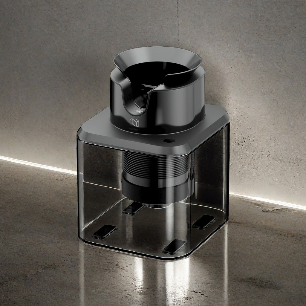 Black metal stand on a reflective surface with a neutral background