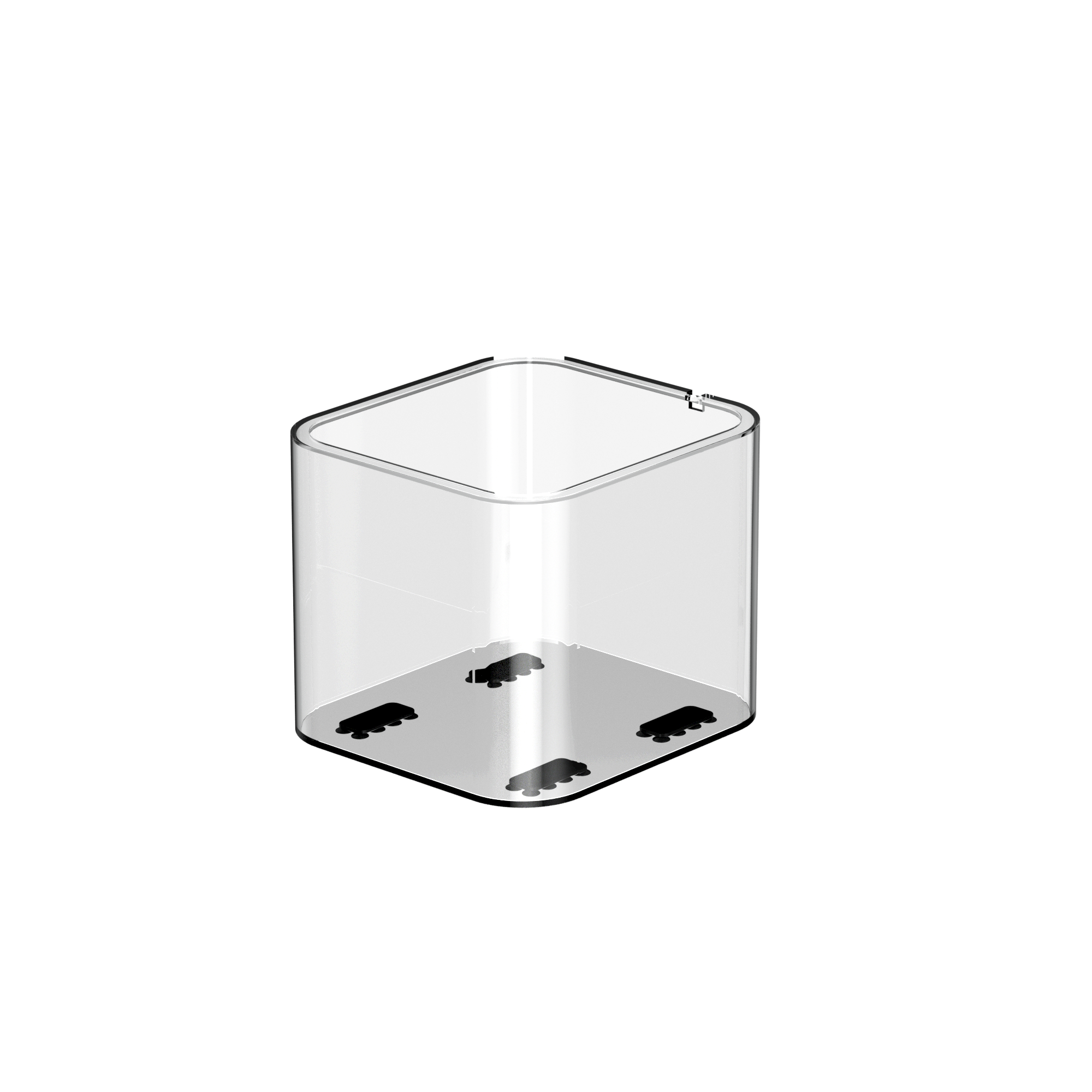 Clear plastic square container with metal feet on a white background