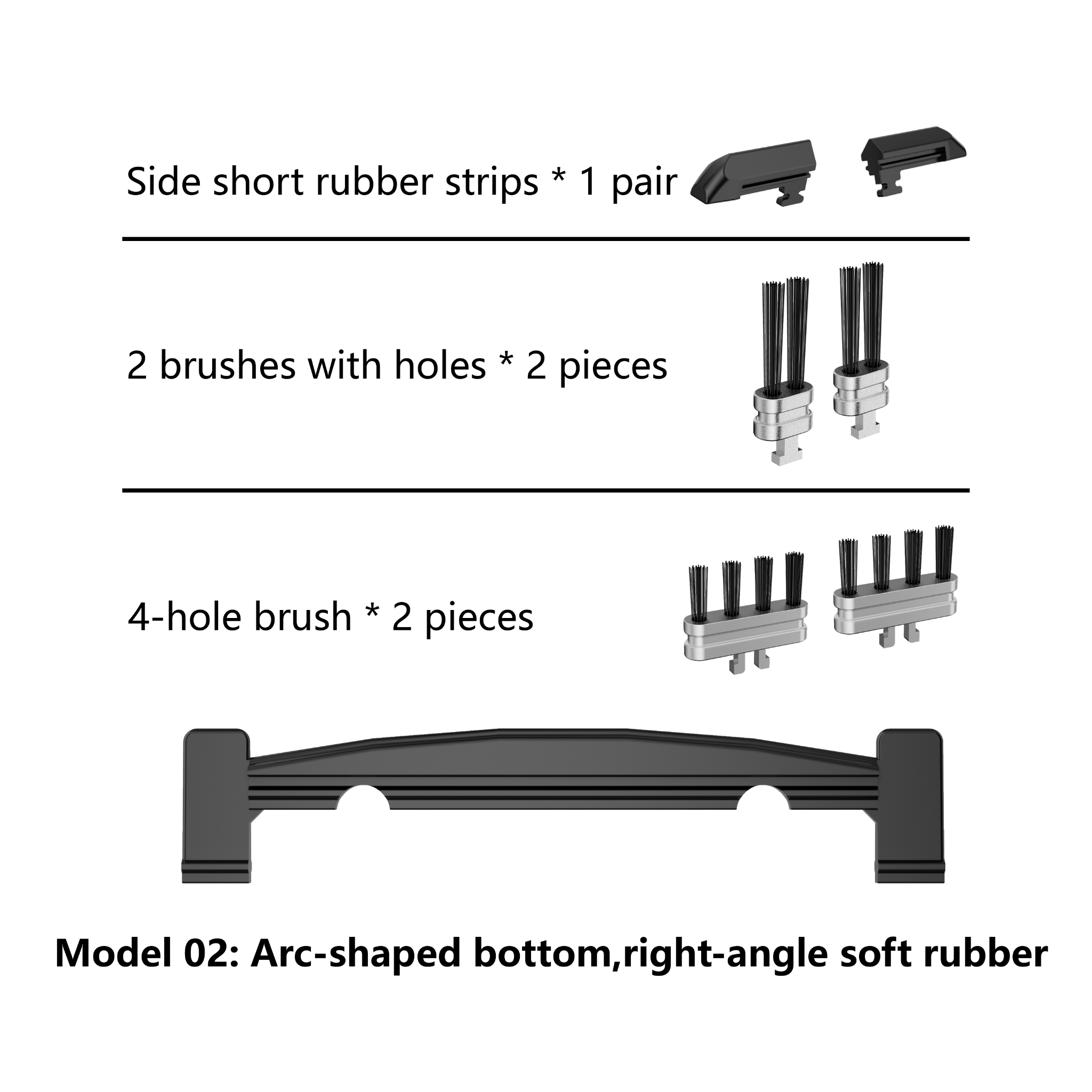 Technical parts list diagram for Model 02 showing replacement components: side short rubber strips, 2 brushes with holes, 4-hole brushes, and an arc-shaped bottom soft rubber piece, with black and silver line drawings and text on a white background.